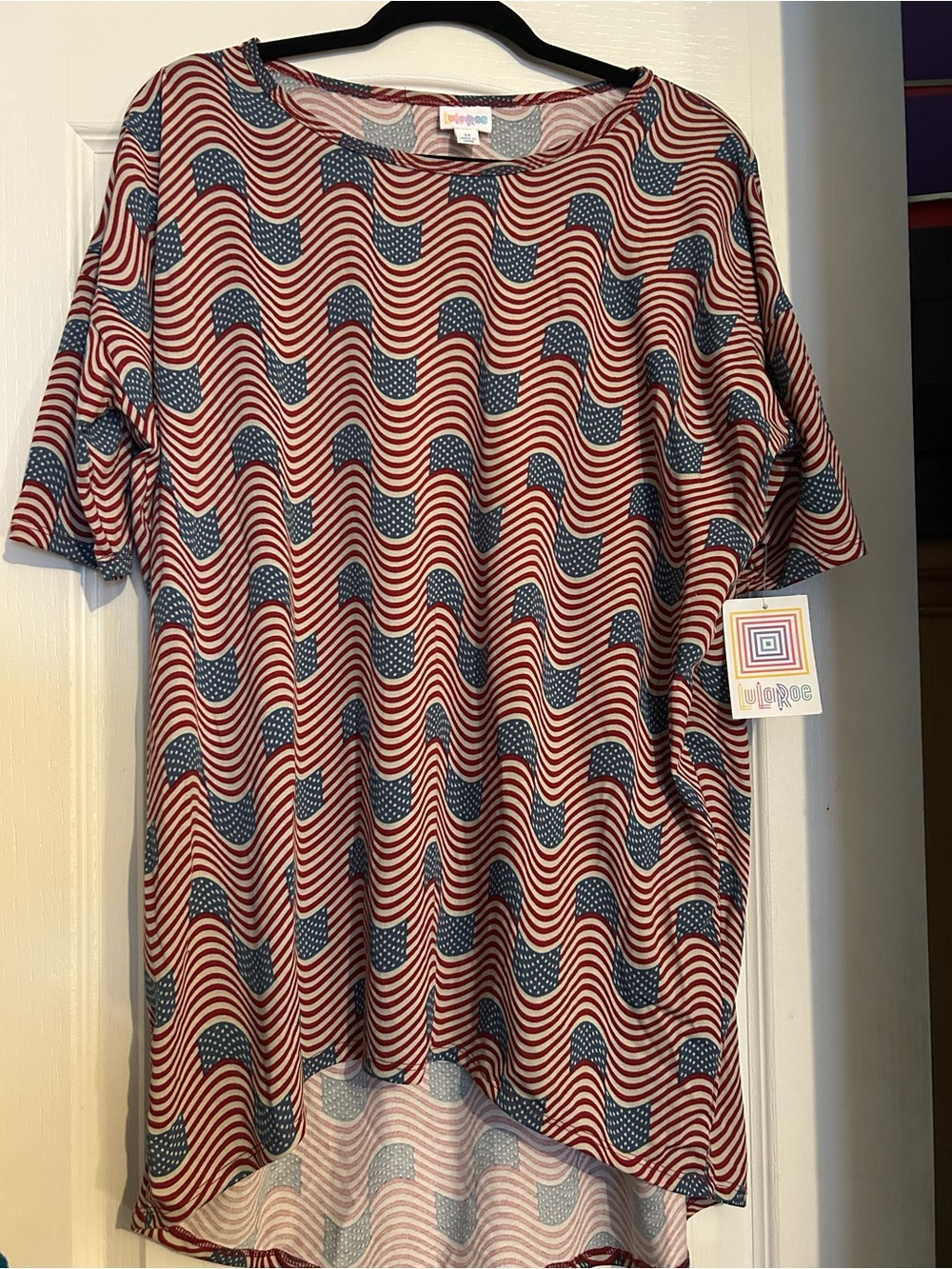 LuLaRoe Irma Tunic in Red, White & Blue Wavy Flag 250th Celebration Medium